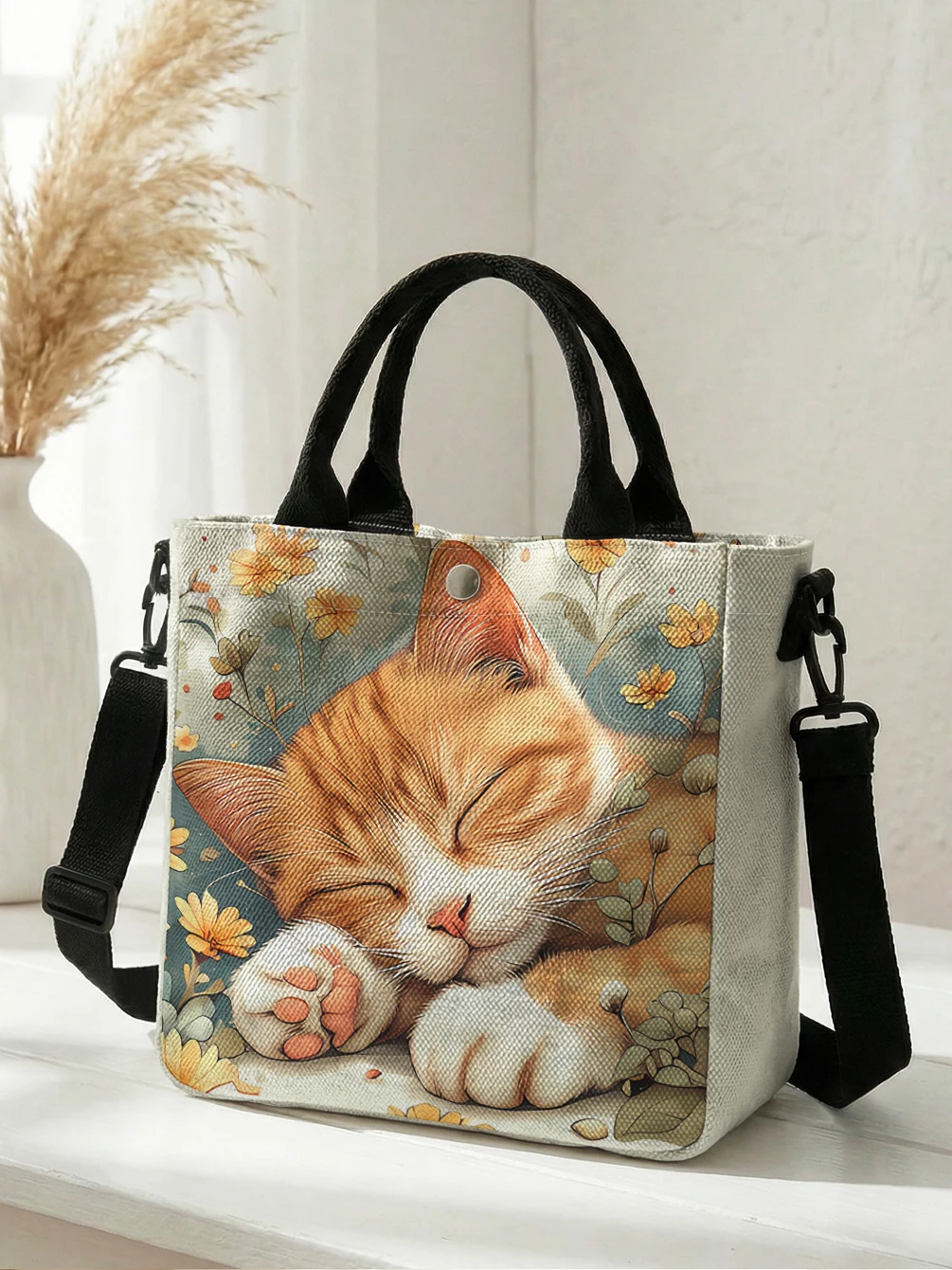 Sleeping Orange Cat Floral Canvas Tote Bag Detachable Strap Crossbody Handbag For Women Shopping Daily Commute