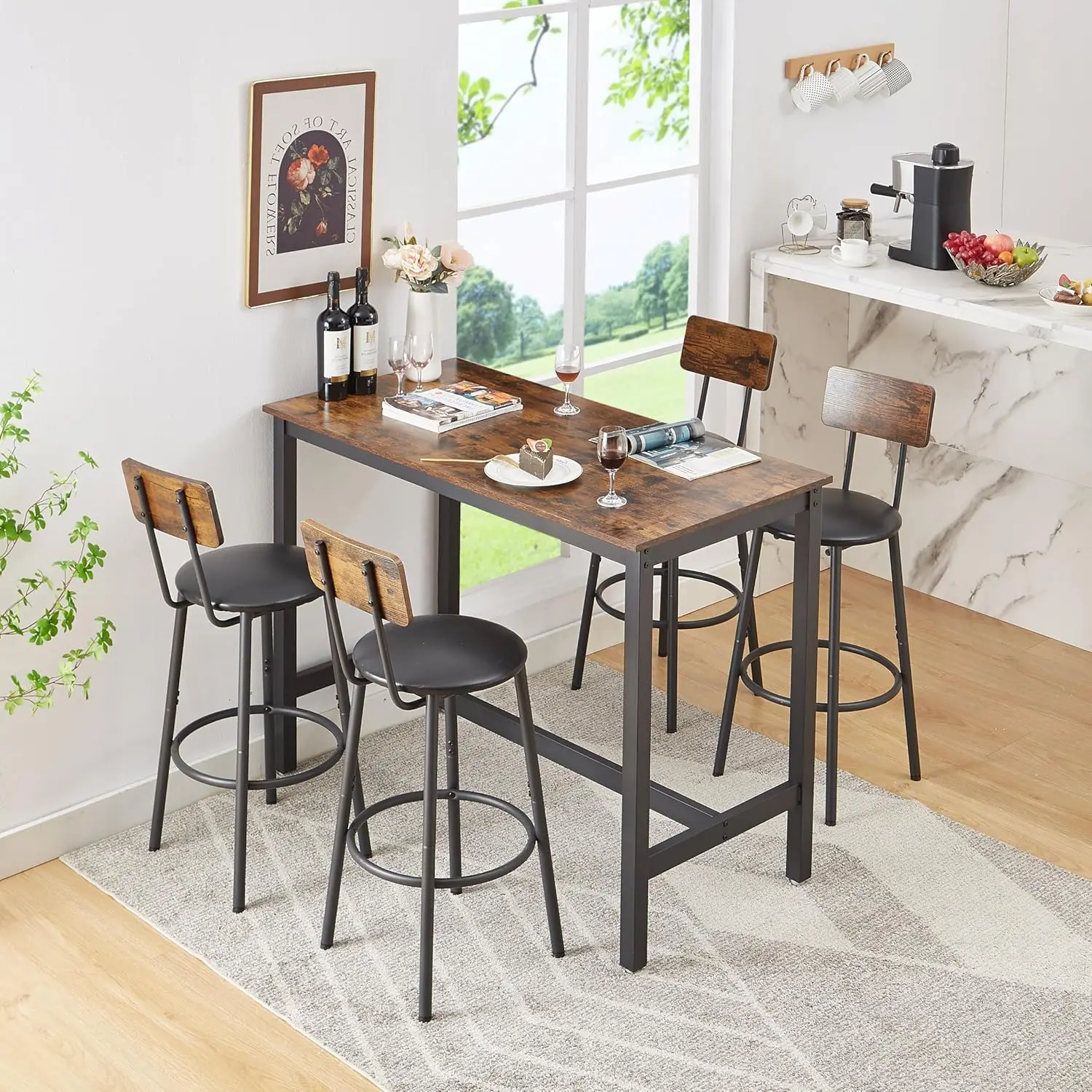 5 Piece Dining Table Chair Set, Industrial Bar Counter Height Table and 2 PU Upholstered High Stools with Backrest