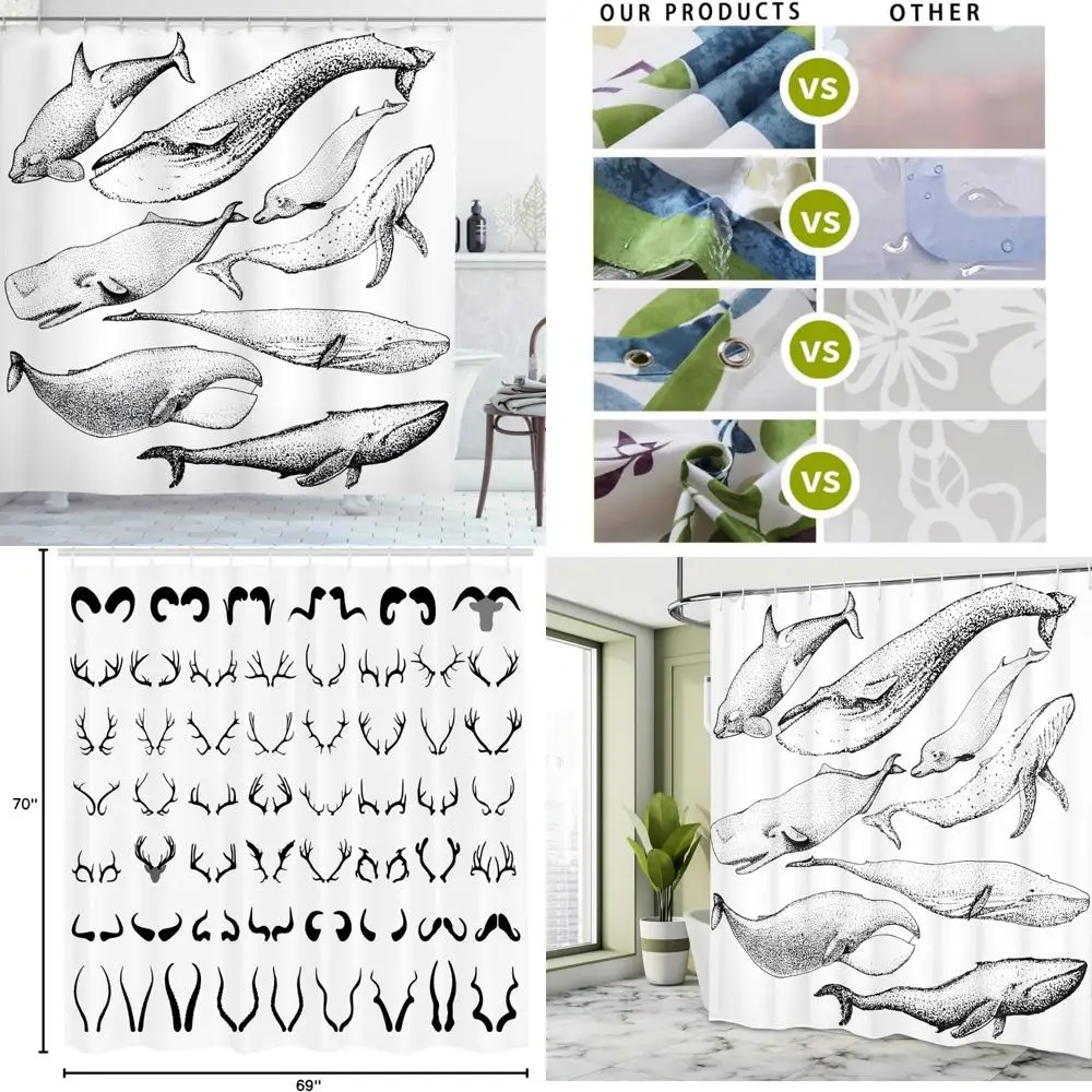 

black and white whales shower curtain, hand-drawn design, suitable for bathroom decor