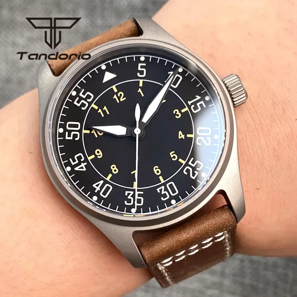 Tandorio Titanium Light Weight 39mm Pilot PT5000 NH35 20atm Dive Men\'s Automatic Watch Date Sapphire Crystal Leather Luminous