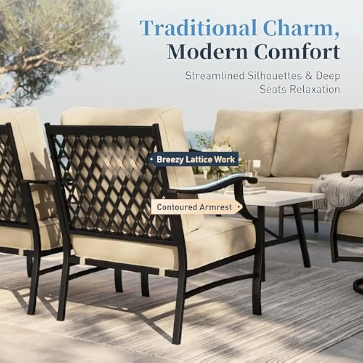 5-piece modern rectangular outdoor seating ensemble featuring swivel armchairs in beige, a spacious 3-seater sofa, and versatile