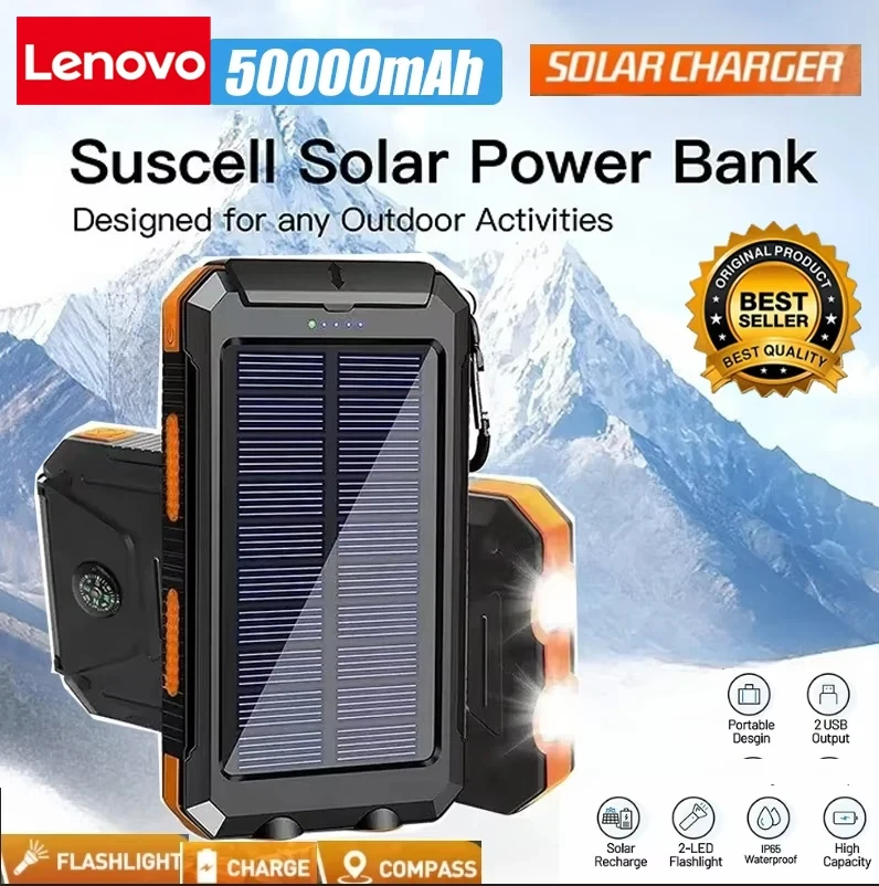 Lenovo 50000mAh Solar Power Bank Portable Charging Powerbank External Battery Charger Strong Light LED Light For IPhone Samsung