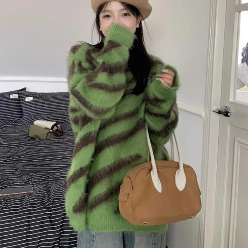 

New Y2K Mohair Contrast Color Sweaters Women American Trend Loose Knitted Pullovers Autumn Winter Casual Warm Round Collar Tops