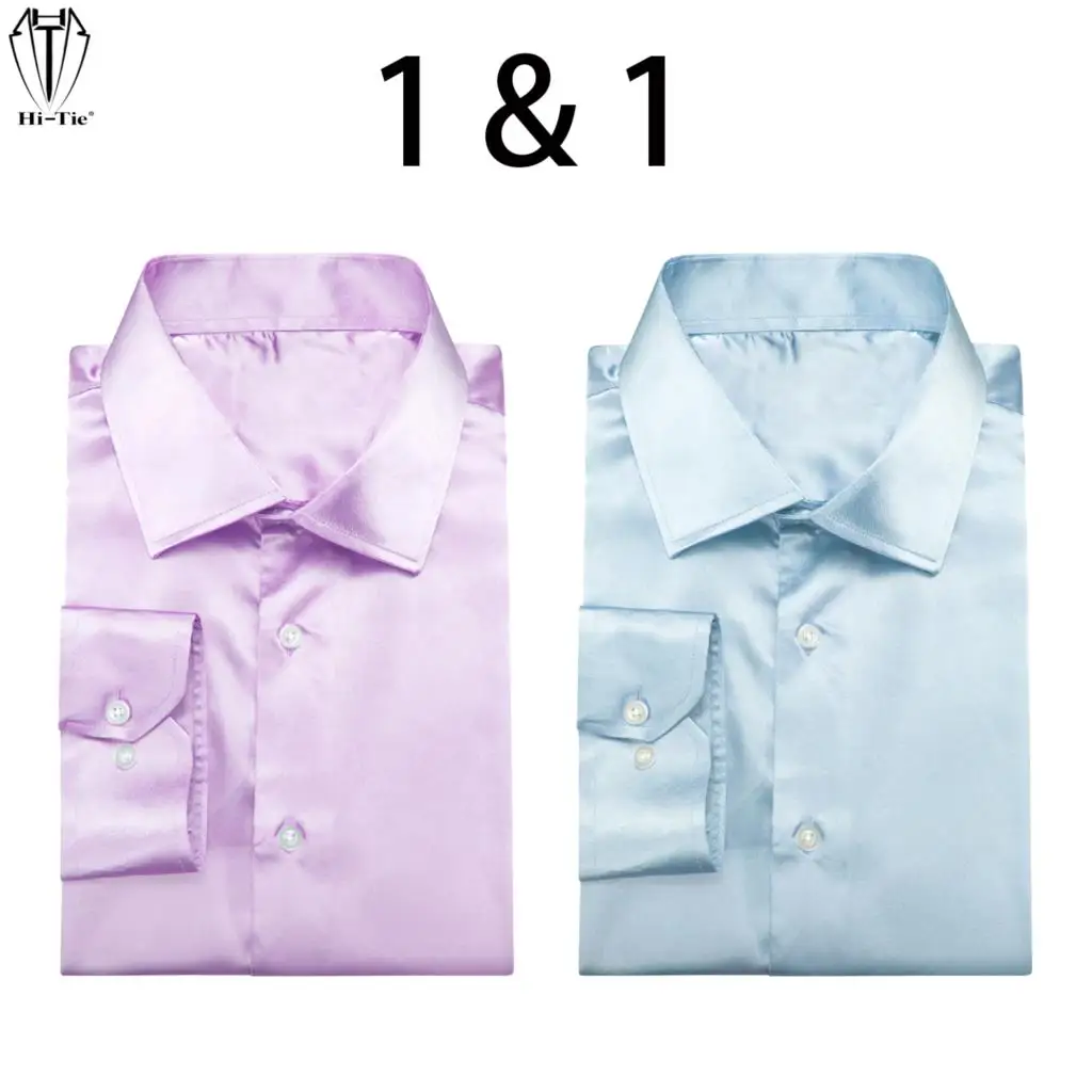 Hi-Tie Silk Mens Shirts Long Sleeve Formal Casual Suit Shirt Jacquard Solid Male Blouse Pale Blue Lilac Pink Wedding Business