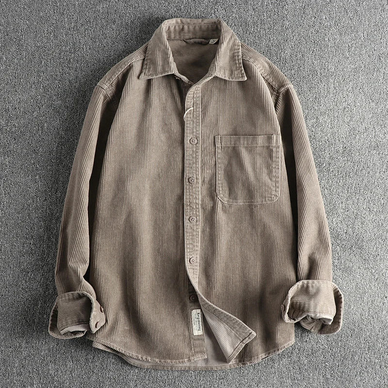 Cotton corduroy wash long sleeve shirt men\'s American khaki trend single pocket shirt coat