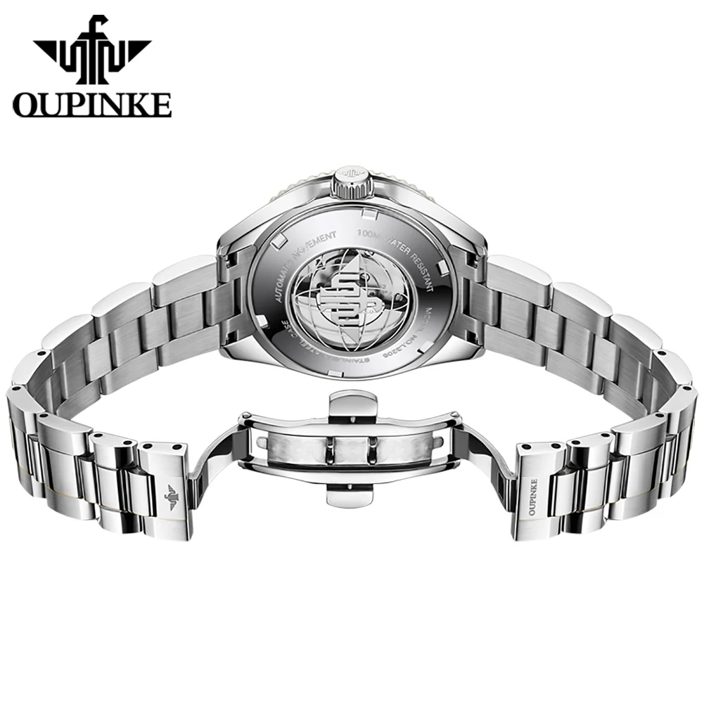 OUPINKE Romantic Exquisite Gift Box Set Couple Watch Diving Stainless Steel Strap Week Calendar Men and Women Wristwatch Luxury