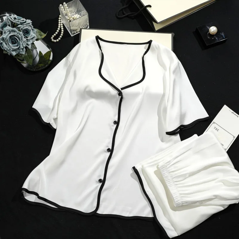 2024 Cool Breathable Ice Silk Pajama Women Short Sleeve Set Black White Solid Color High-end Minimalist Casual V-neck Nightgown