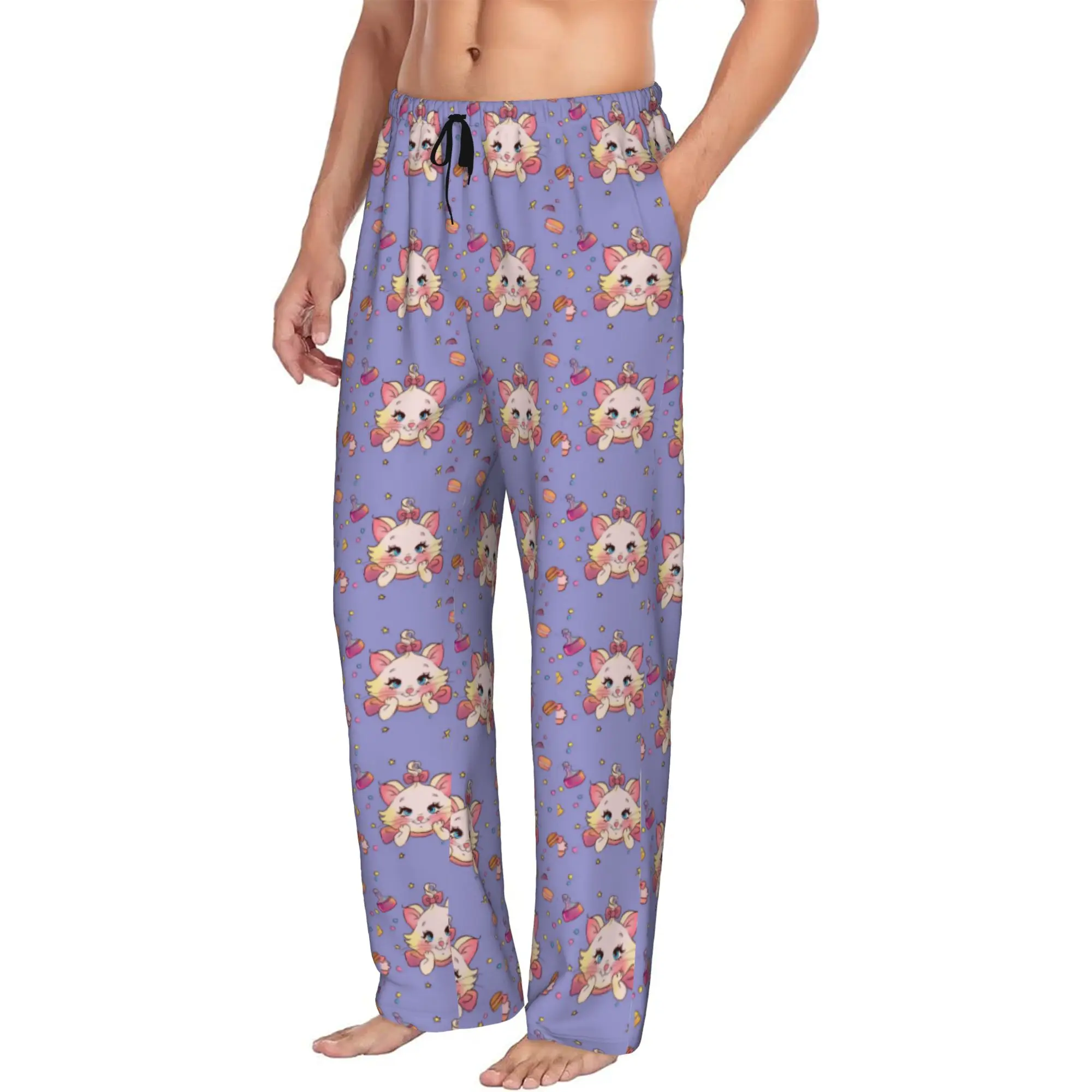 Custom Men M-Marie Cat Cartoon Pajama Pants Print  Sleep Sleepwear Bottoms with Pockets