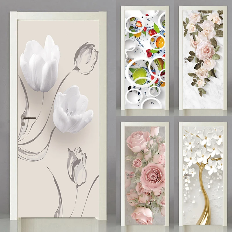 3D Door Stickers Flower Wallpaper Modern Style PVC Self-adhesive Bedroom Toilet Decor Mural Poster