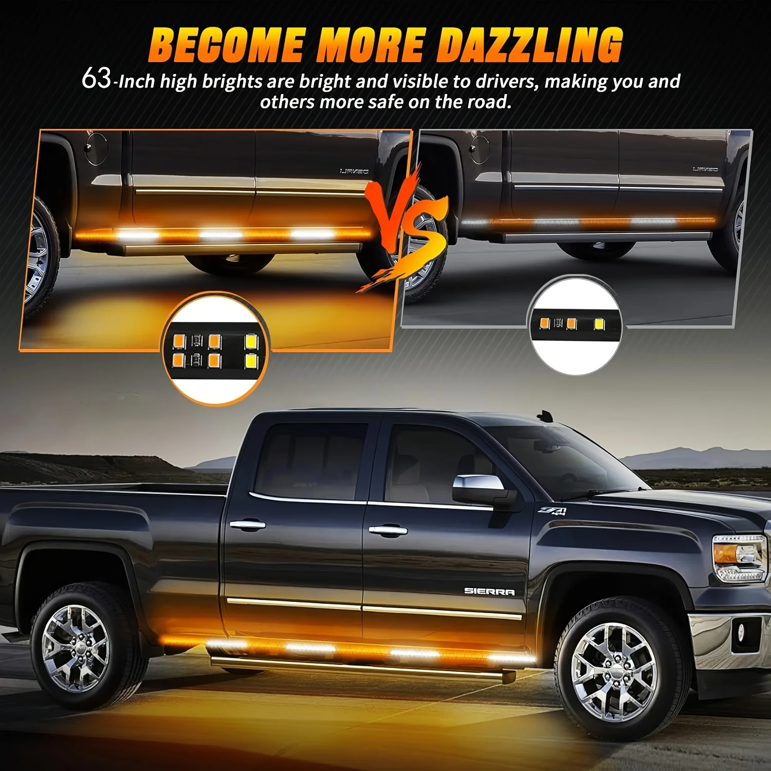 2PCS 63 "LED Striscia di luce stroboscopica Resistente alle intemperie Luci di emergenza per pedana con telecomando Luci lampeggianti ambrate e bianche