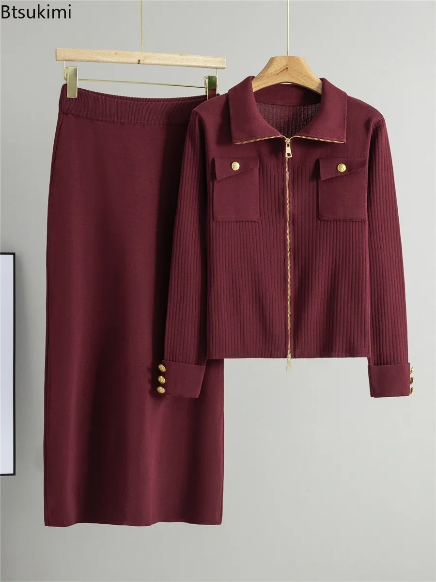 Women Polo Collar Knitted Skirt Set Solid Color Lapel Collar Zip Sweater Cardigan+Slimming High Waist Knitted Skirt 2-piece Set image 5