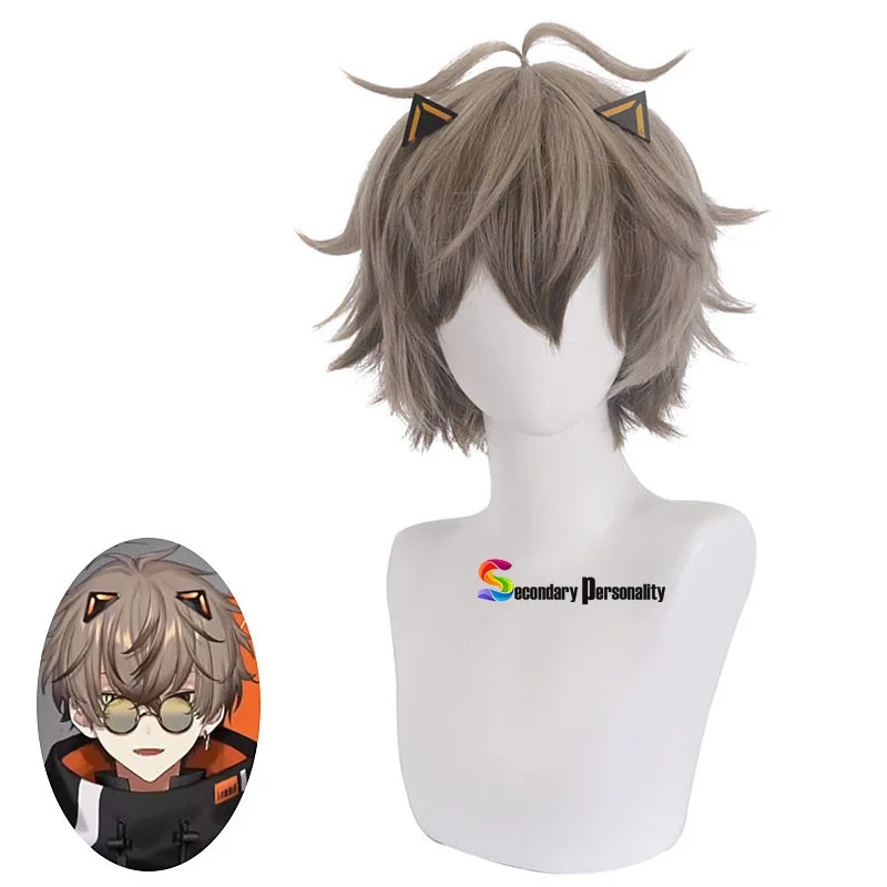 Vtuber Alban Knox Cosplay Pruik Korte Gradiënt Licht Bruin Synthetisch Haar Hittebestendige Unisex Volwassen Mannen Vrouwen Cosplay Kostuum