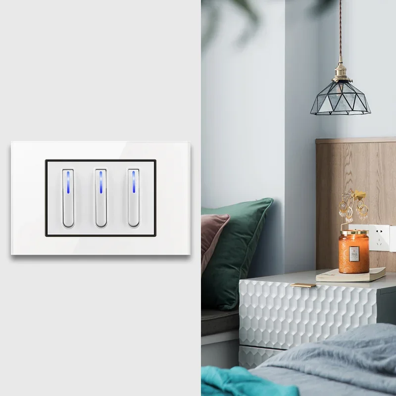 YINKA White Piano Keys Universal Wall Light Switch Tempered Glass Panel Push Button Switch LED Indicator AC110V-250V 118mm*72mm