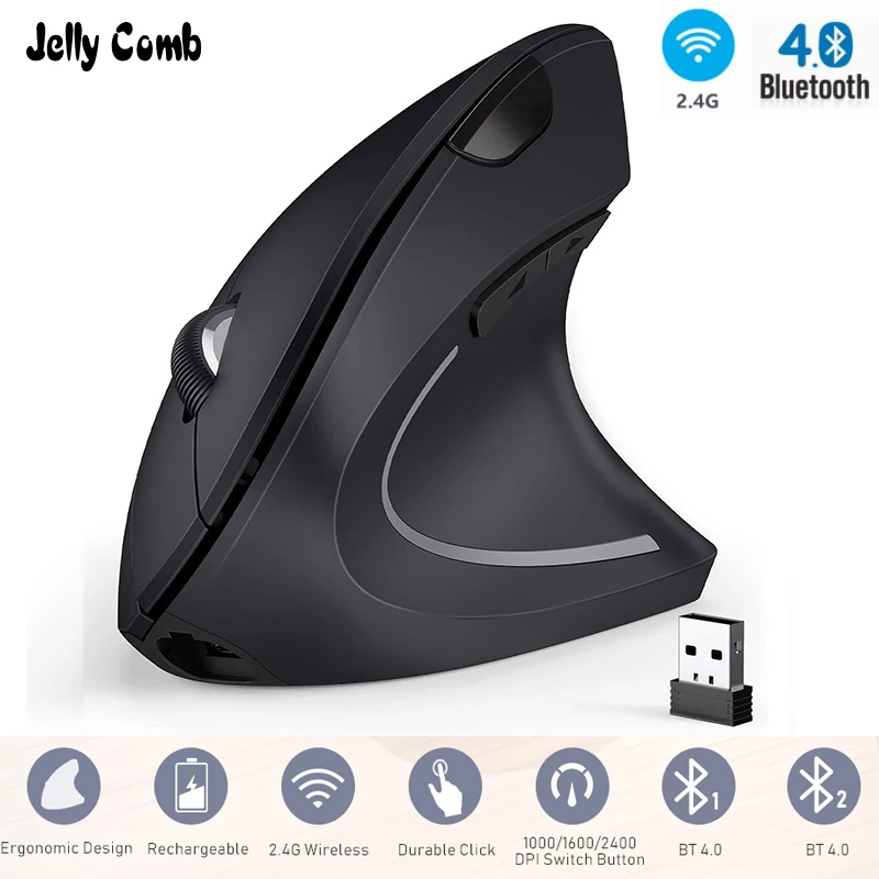 Jelly Comb 2.4G+Bluetooth Ergonomic Mouse Rechargeable Wireless Gaming Mouse with 6 Buttons for 3 Devices