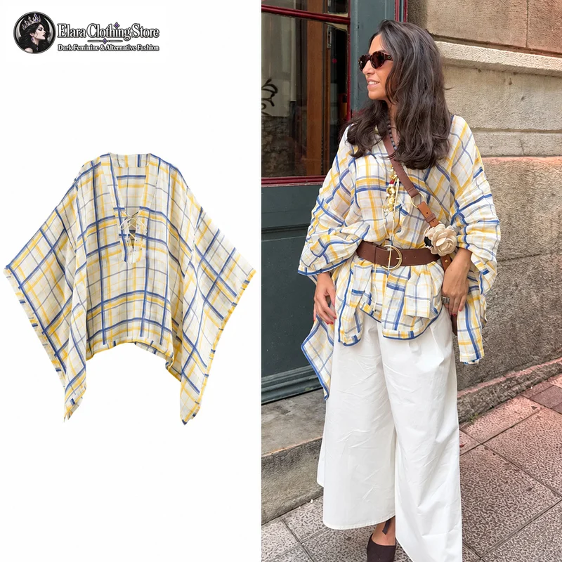 Womens Plaid Lace Up V Neck Blouse Oversized Batwing Sleeve Shirt Loose Asymmetrical Hem Poncho Top Summer Beach Vacation Casual