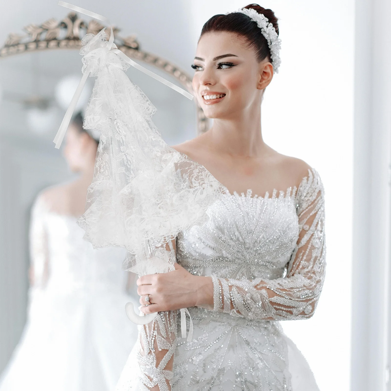 Guarda-chuva de noiva de renda leve branco guarda-sol para festa de casamento decoração fotografia adereços noiva vintage