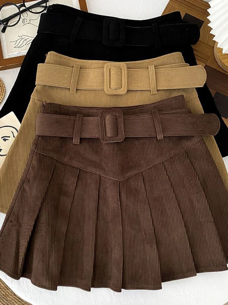 Preppy Style Belt Pleated Skirt Women Vintage Corduroy Slim High Waist Mini Skirts Fall Winter Sweet Retro Female Sexy Skirt New