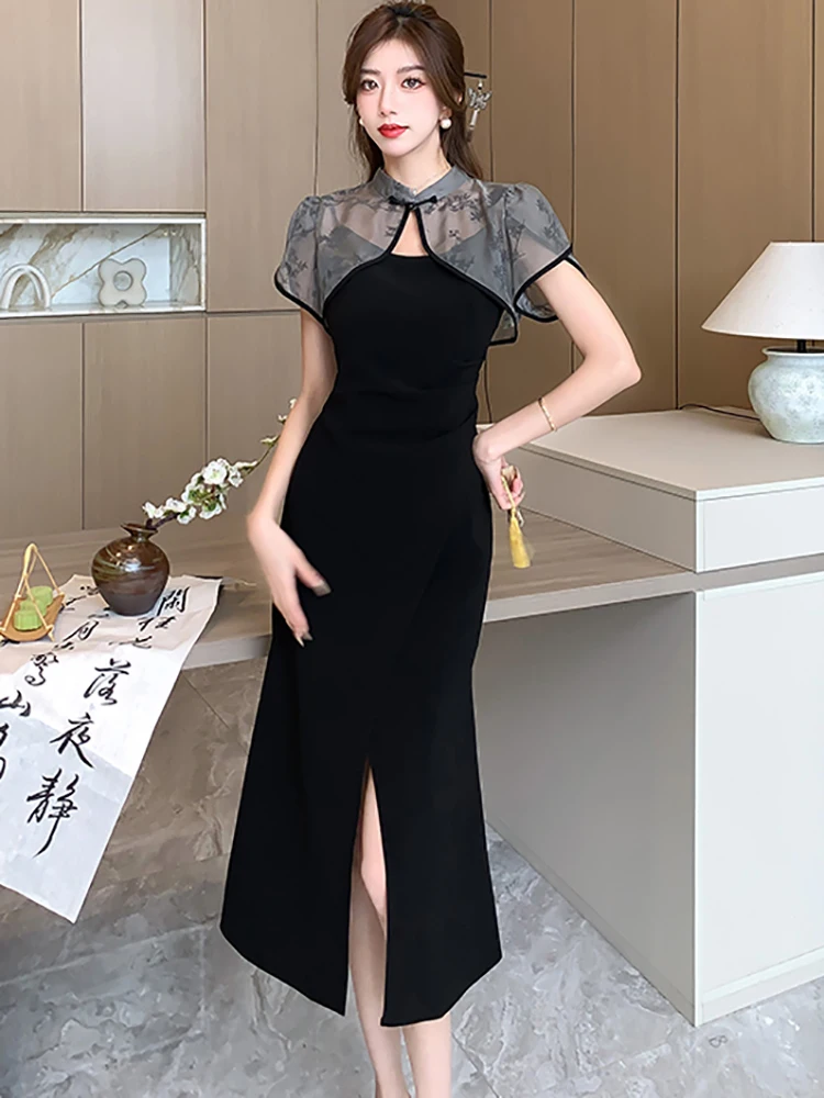 

Summer Black Elegant Bodycon Sling Dress+Mesh Top Shirts Two Piece Sets 2025 Women Korean Vintage Luxury Festival Dress Suits