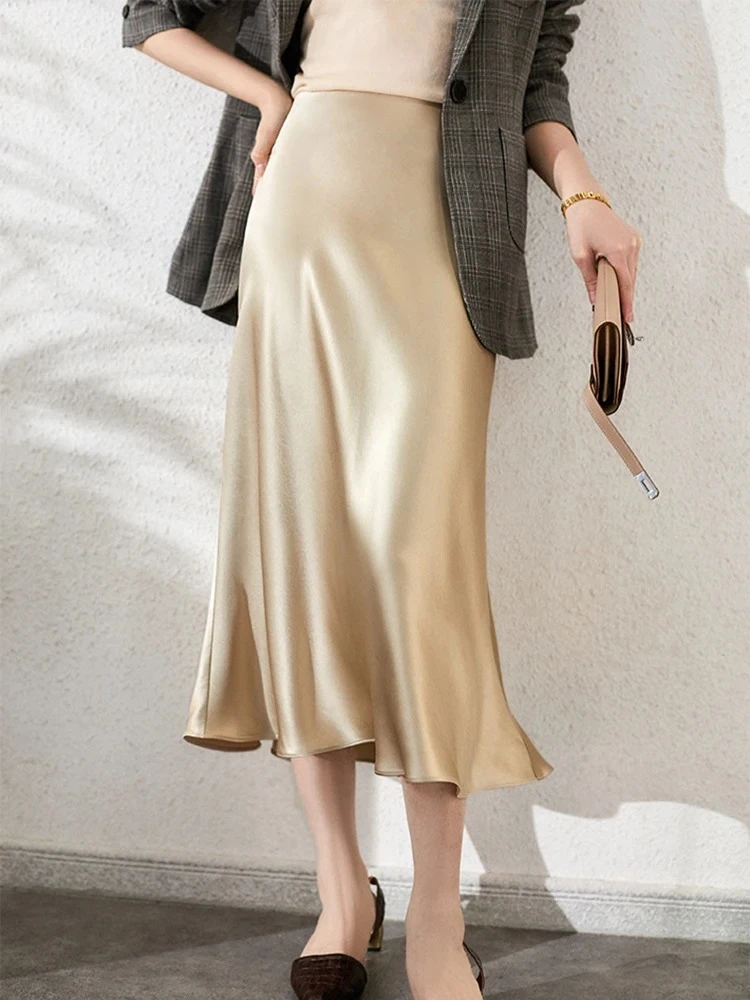 

Elegant Skirts for Women Fashion High Waist Silk Satin A-line Skirt 2026 Spring and Summer New Black Long Skirts for Women
