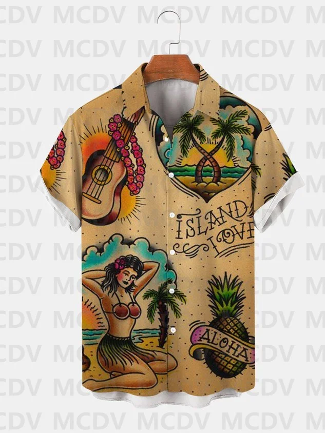 Men's Hawaiian Shirts Mermaid Ocean Element Retro Print Casual Breathable Short Sleeve Shirt