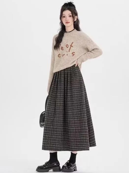 Jupe en laine à carreaux taille haute pour femme, mi-longue, ligne a, Vintage, décontractée, féerique, nouvelle collection automne hiver
