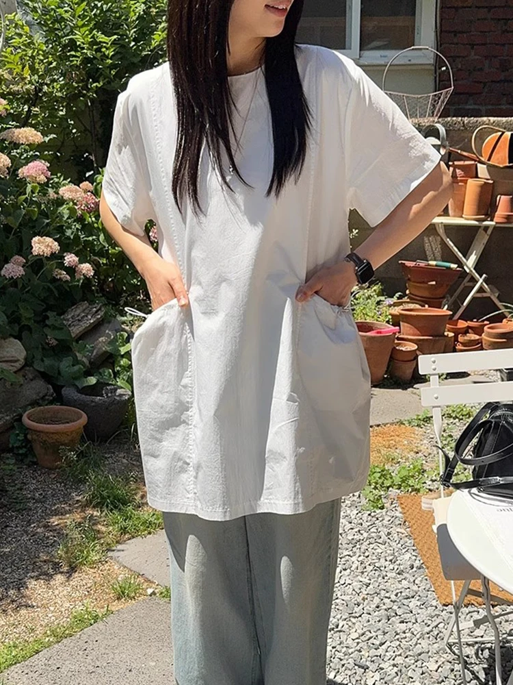 Vestido F de Manga Curta com Cordão Liangliang, Novo Estilo de Verão, Retro, Solto, Camadas, Cor Pura, Saia Curta com ...