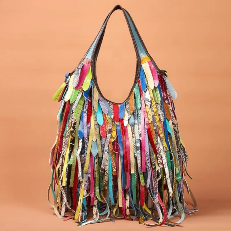 

2025 New Design Fashion Colorful Real Leather Tassel Tote Bag Women Large Casual Cowhide Patchwork Handbags Trendy Underarm Bag