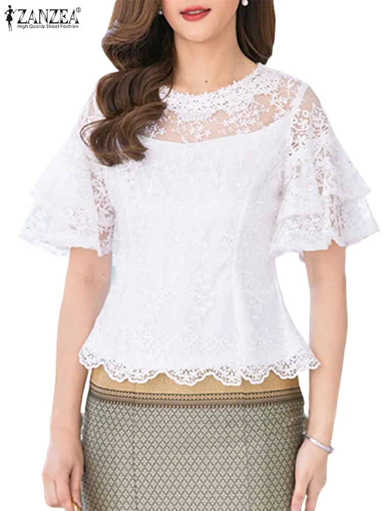 

SummerBlouse Women Hollow Out Lace Tops ZANZEA Vintage Short Flare Sleeve Tunics 2025 Casual Office Blusas Ruffled Pullover