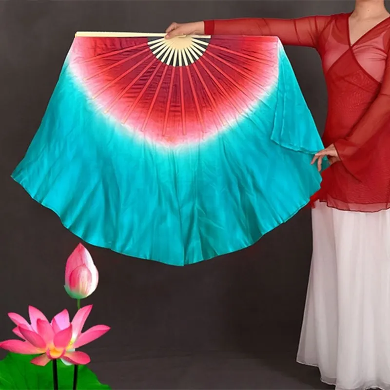 Red Green Double Side Silk Fan Veil One Pair Women Belly Dance Costume Accessory Extra Long Flowy Handmade 100% Real Silk 86cm