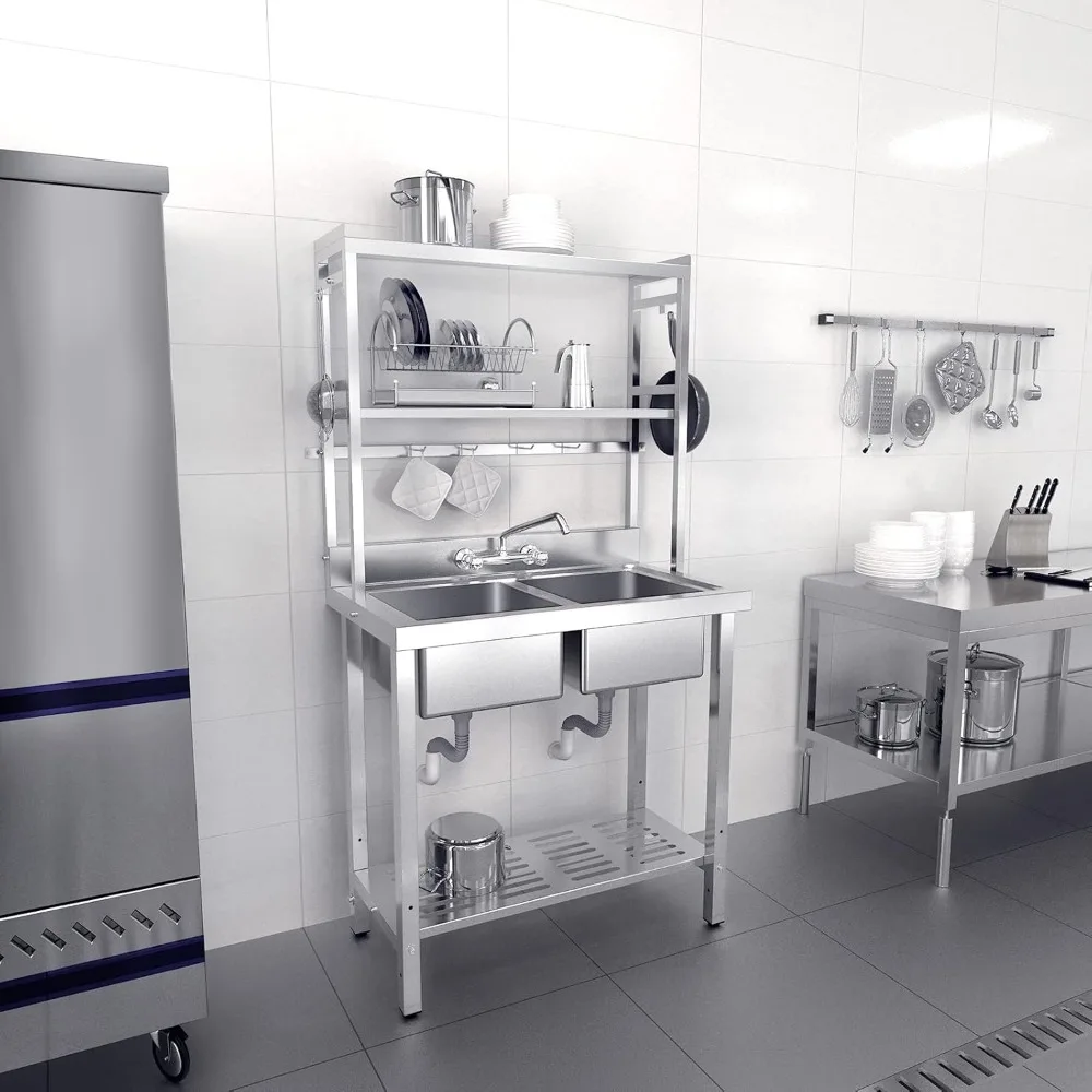 

67 2-Compartment Commercial Sink with Shelves Over & Drying Rack Underneath, 304 Stainless Steel Sink Double Basin