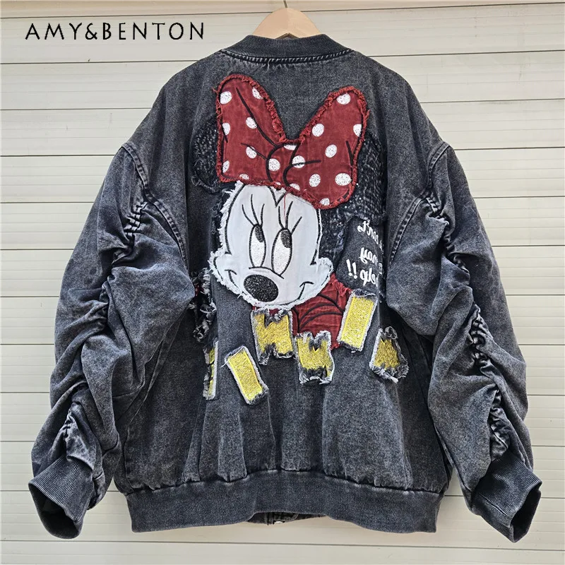 

American Retro Style Women's Clothes Quilted Denim Patchwork Embroidered Cartoon Top Hip Hop Jacket Detachable Long-sleeves Coat
