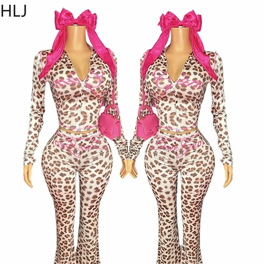 HLJ Fashion Leopard Print Hooded Two Piece Sets Women Zip Long Sleeve Slim Top And Skinny Pants Outfits Sext Y2K 2pcs Streetwear