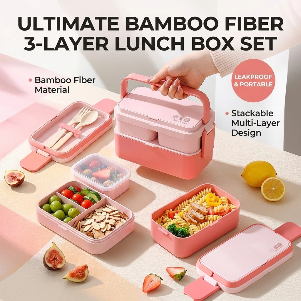 Fiambrera portátil de fibra de bambú 3 en 1, caja Bento de doble capa, cuchara para microondas, tenedor, mujeres, niñas, escuela, niños, Picnic, caja Bento