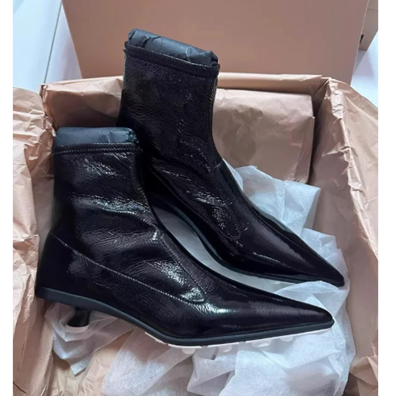 

Elastic Boots Low Heel Pointed Toe Short Boots Woman Winter 2026 Black Slip-On Non-Slip Soles Cat Heel Ankle Boots Fashion Shoes
