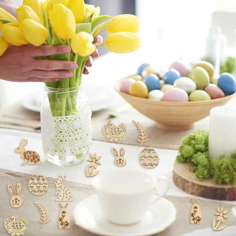 Huevos de conejo de Pascua Feliz, artesanía de madera, decoraciones para fiesta en casa, adornos colgantes de virutas de madera, artesanía Natural,