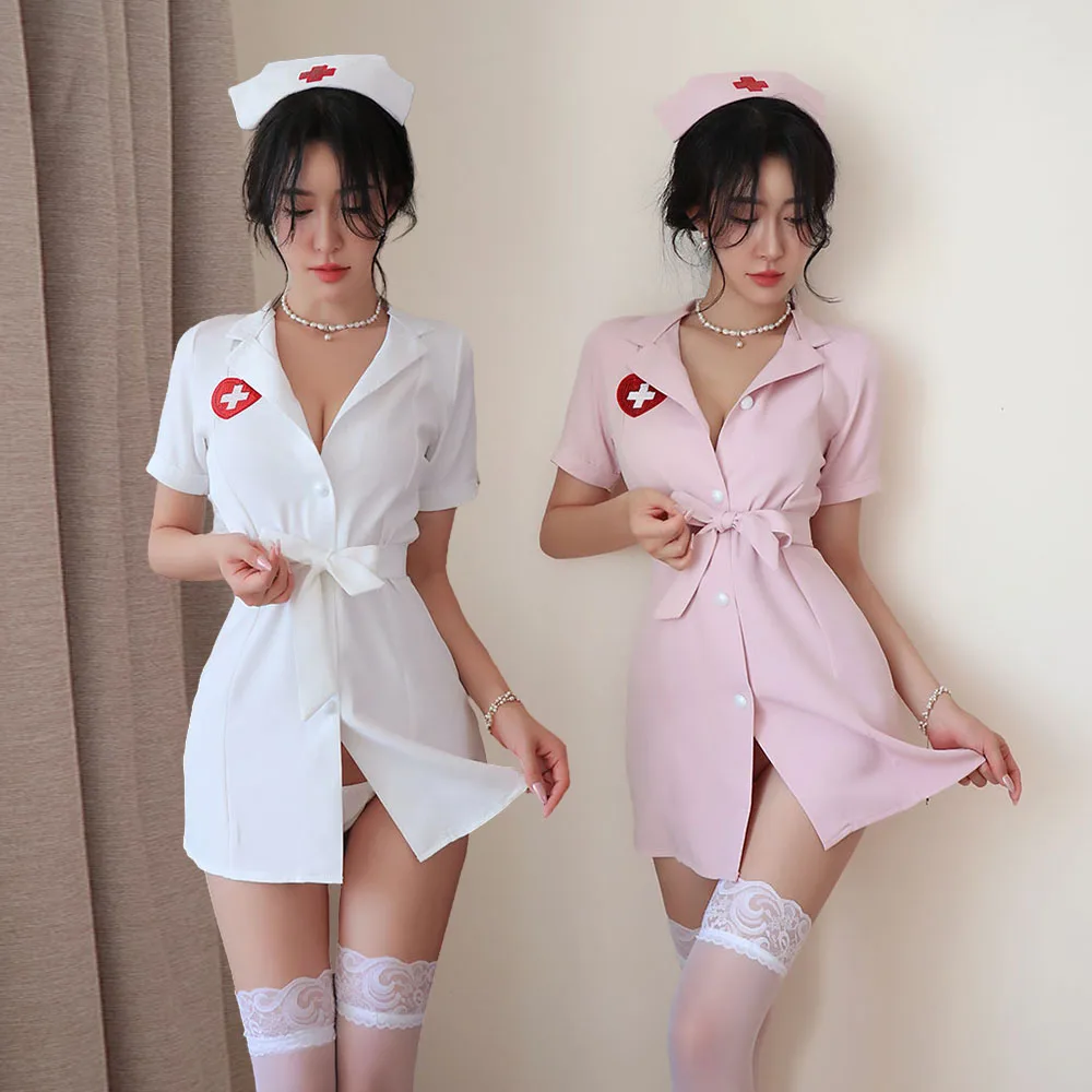 Sexy Lingerie Nurse Dress White Pink Color Exotic Cosplay Costumes Pajamas Night Club Party Halloween Passion Wear Women Girls