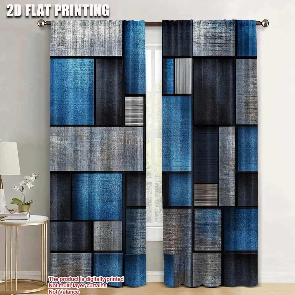 2pc,   Party Curtains blue gray lattice Versatile Durable Polyester,Without Electricity Family Party Use for All Occasions