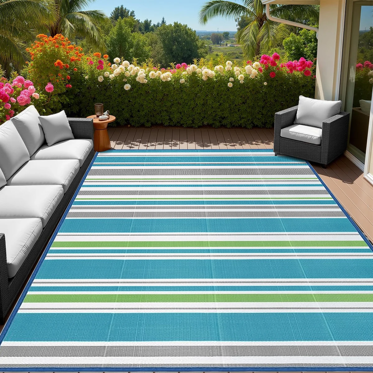 

Outdoor Rugs Single Layer Waterproof Reversible Plastic Straw Patio Area Rugs PP Material Striped Style Carpets Picnic Mats