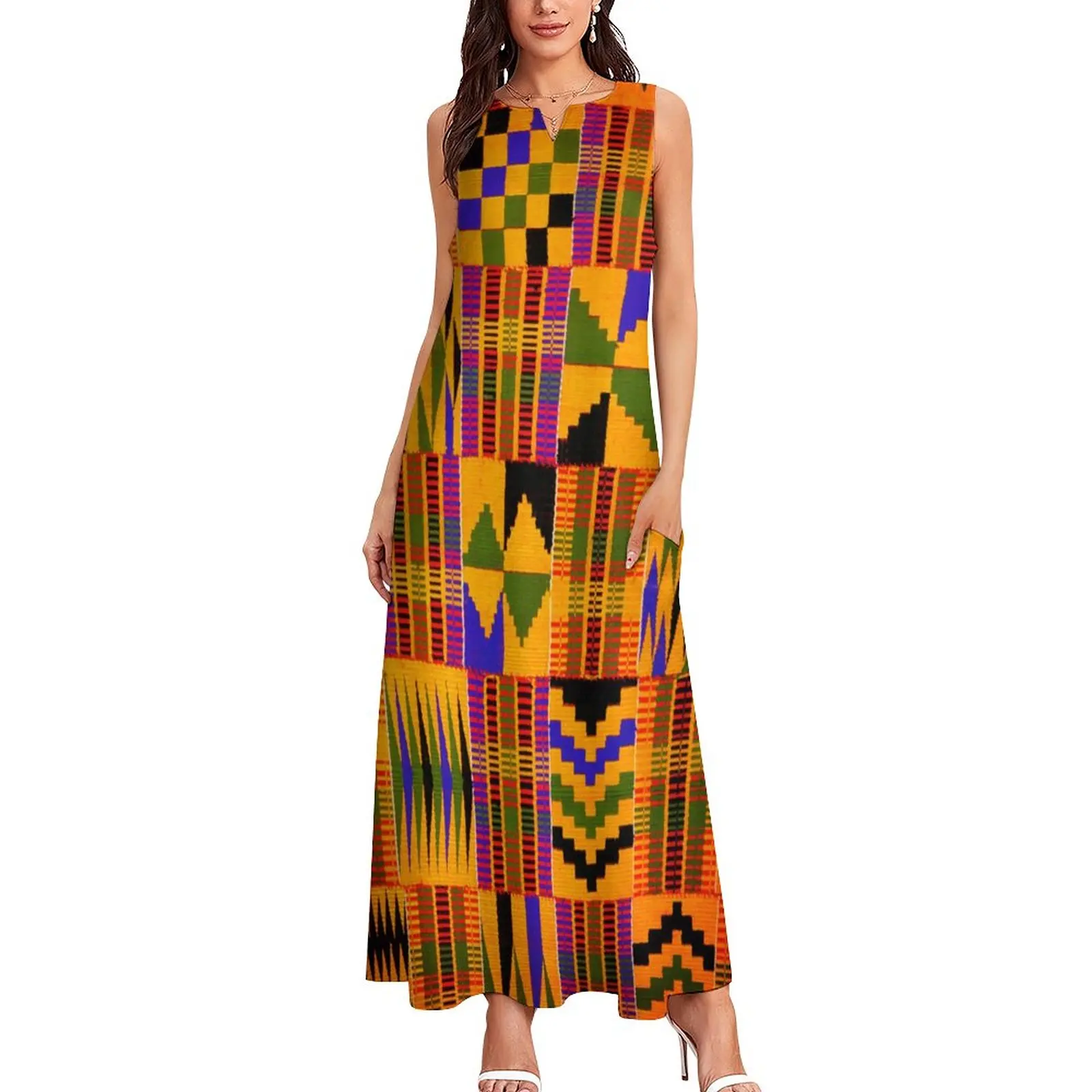 Kente Tribal African Dress Summer Retro Print Streetwear Casual Long Dresses Women Vintage Maxi Dress Gift Idea