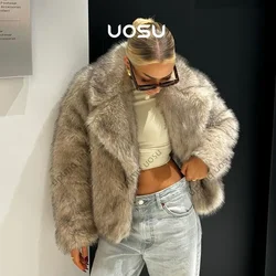 Jaqueta de pele falsa feminina, gola recortada com lapela, animal, cor natural, casaco de inverno felpudo, marca de moda, roupa icônica, parka, outwear