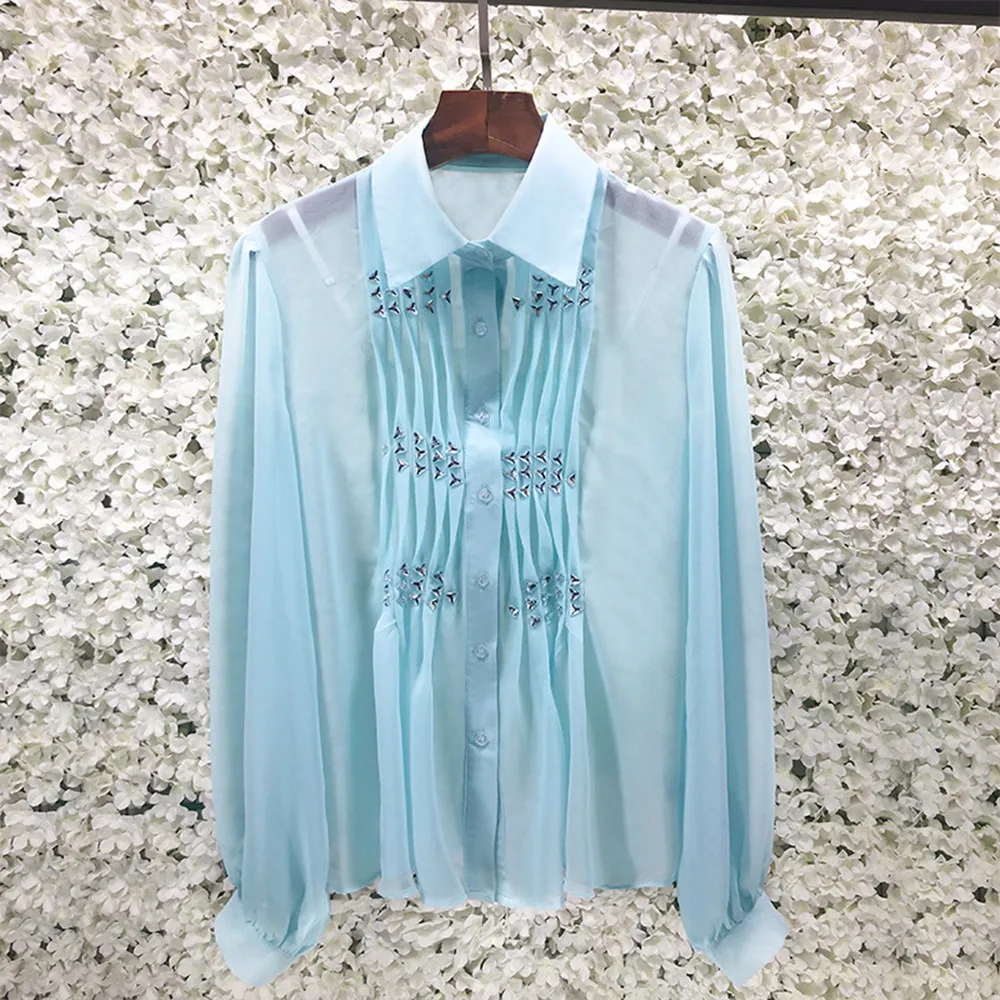 

2022 Spring France Style Women's Sweet Crystal Beading Chiffon Blouses Shirt C751