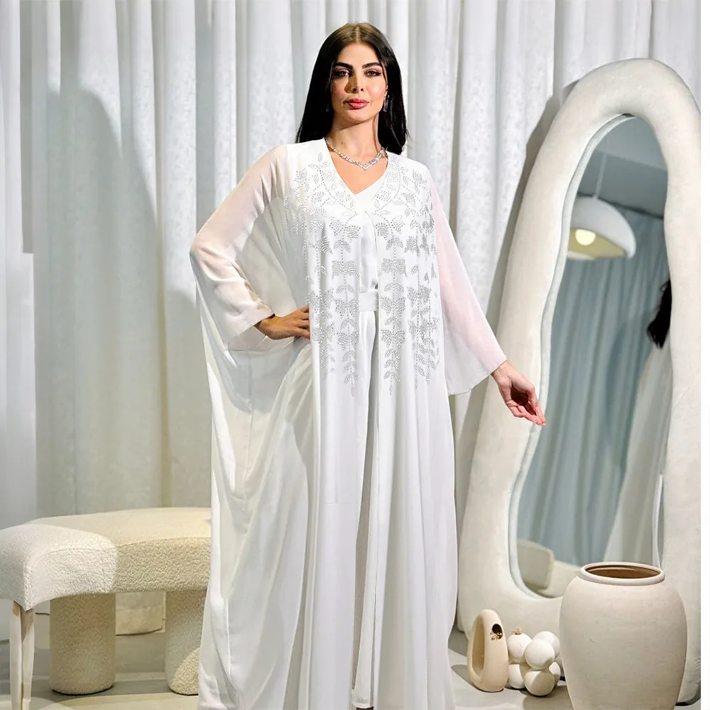 Diamonds Chiffon Abaya Kimono inner dress Set Dubai Muslim Cardigan Abayas Elegant Women Turkey Kaftan Robe female Islam Clothes