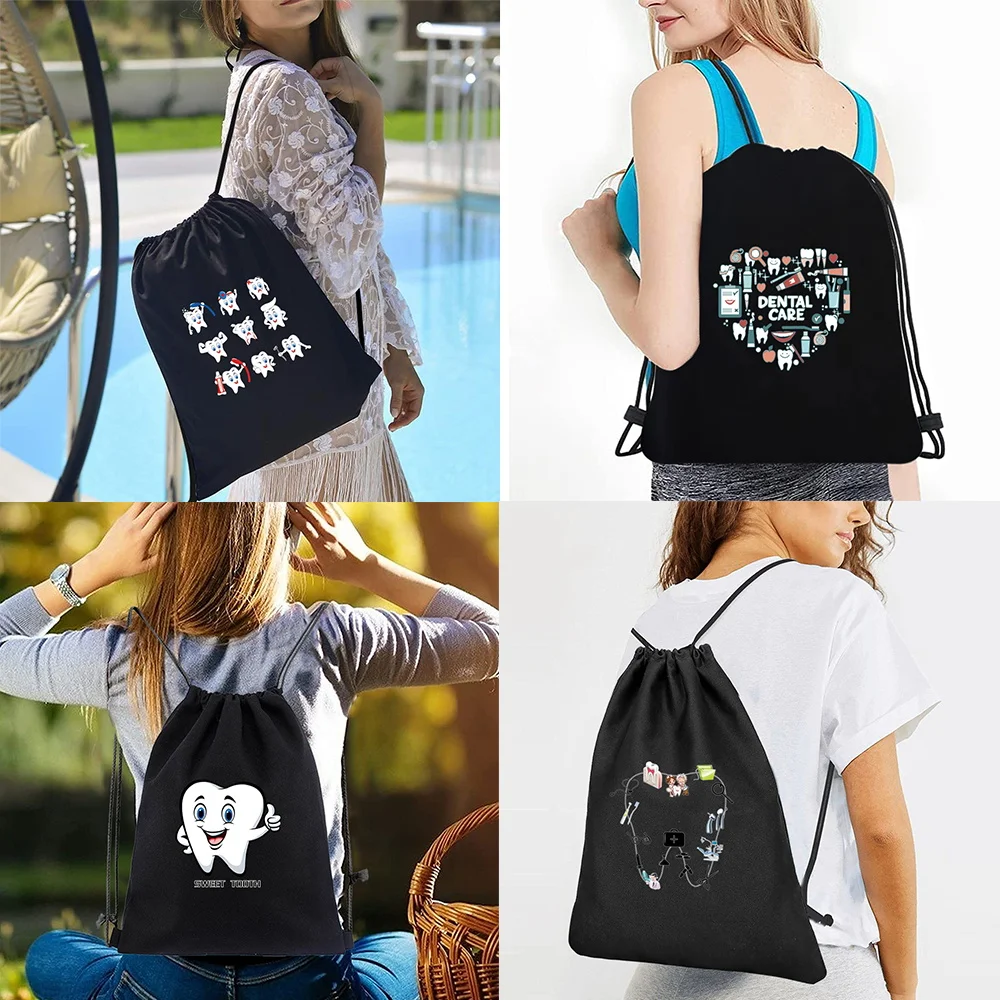 Canvas Backpacks Shopping Portable Storage Bag Drawstring Double Shoulder Bags Hand Bag 2024 New Simple Women Travel Teeth Print