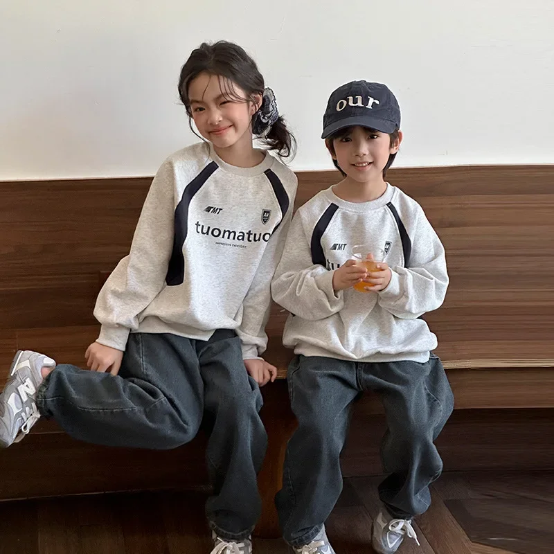

2025 Korean StyleKids Round Neck Sweatshirts Casual Long Sleeve Top for Children Girls Autumn Spring Matching Outfits