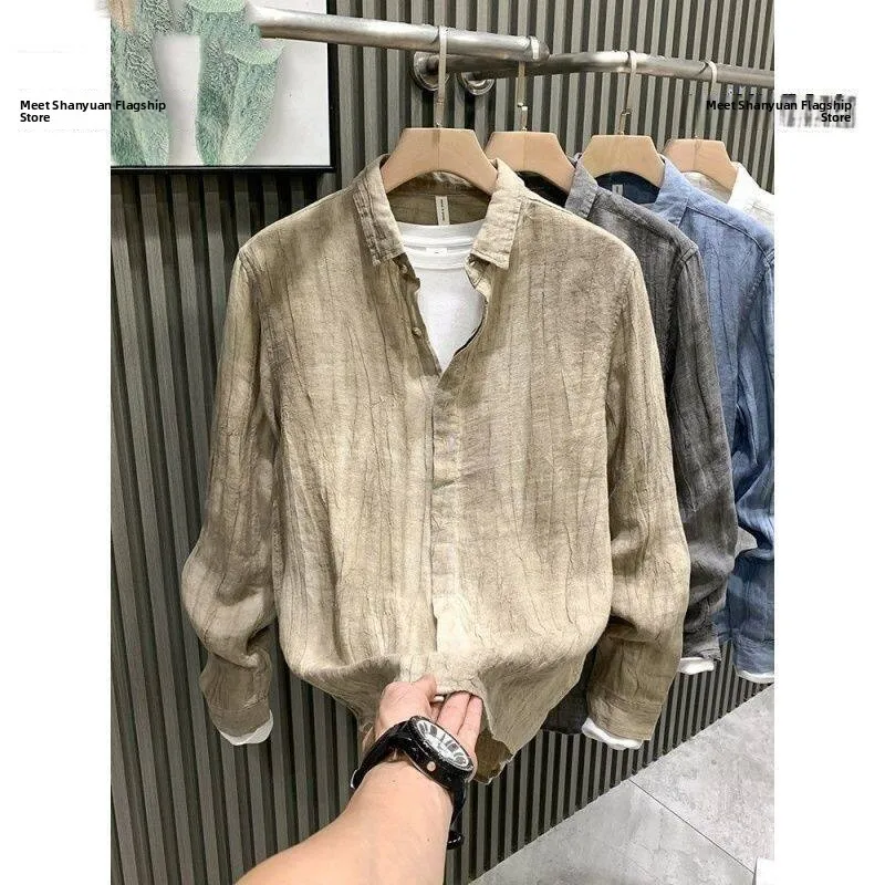 

Льняная рубашка мужская с длинным рукавом, весенне-осенняя, модная, в индивидуальном стиле, легкая, элегантная, верхняя одежда, подходит для прогулок по городу
