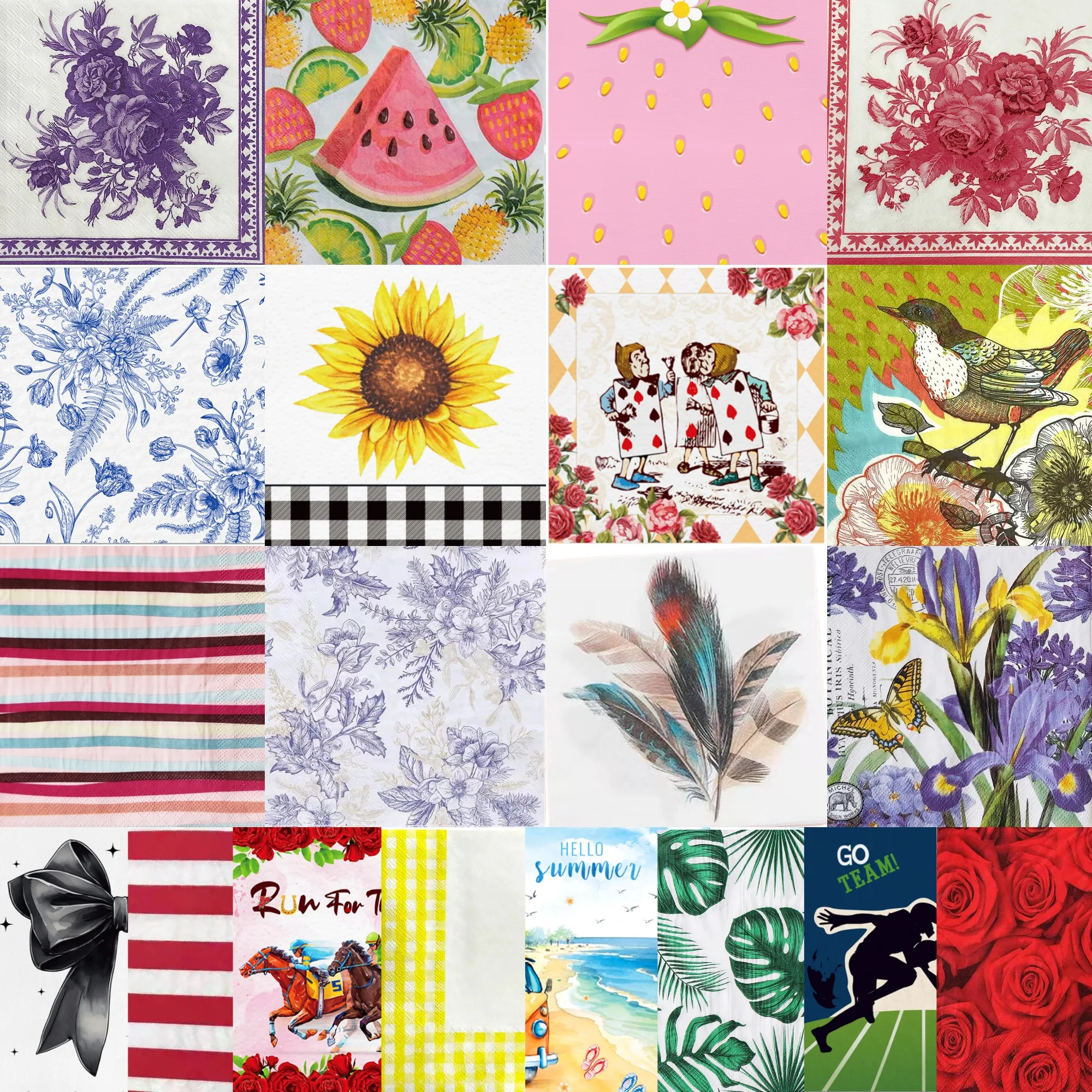20 serviettes en papier imprimées, 20 styles assortis, motifs floraux, oiseaux et fruits, parfaites pour le thé de l'après-midi et les travaux de découpage