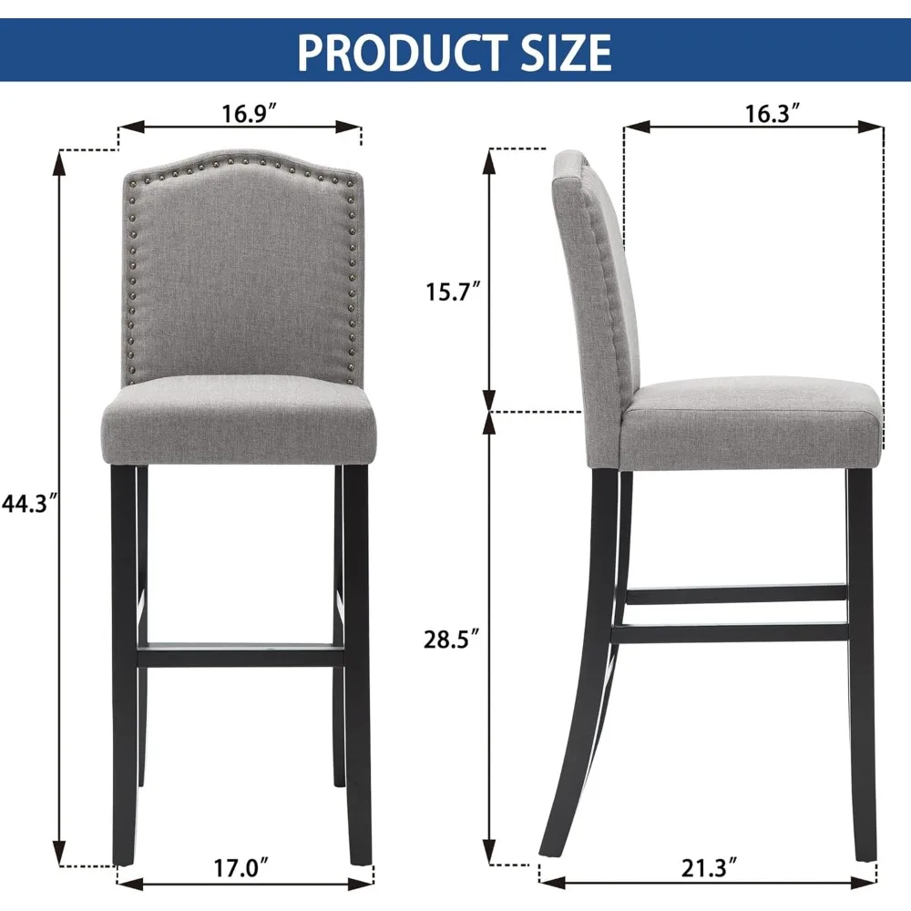 Conjunto de bancos de bar de 29 polegadas com cadeiras estofadas modernas em estrutura de madeira maciça para ilhas de cozinha com acabamento em cabeça de prego