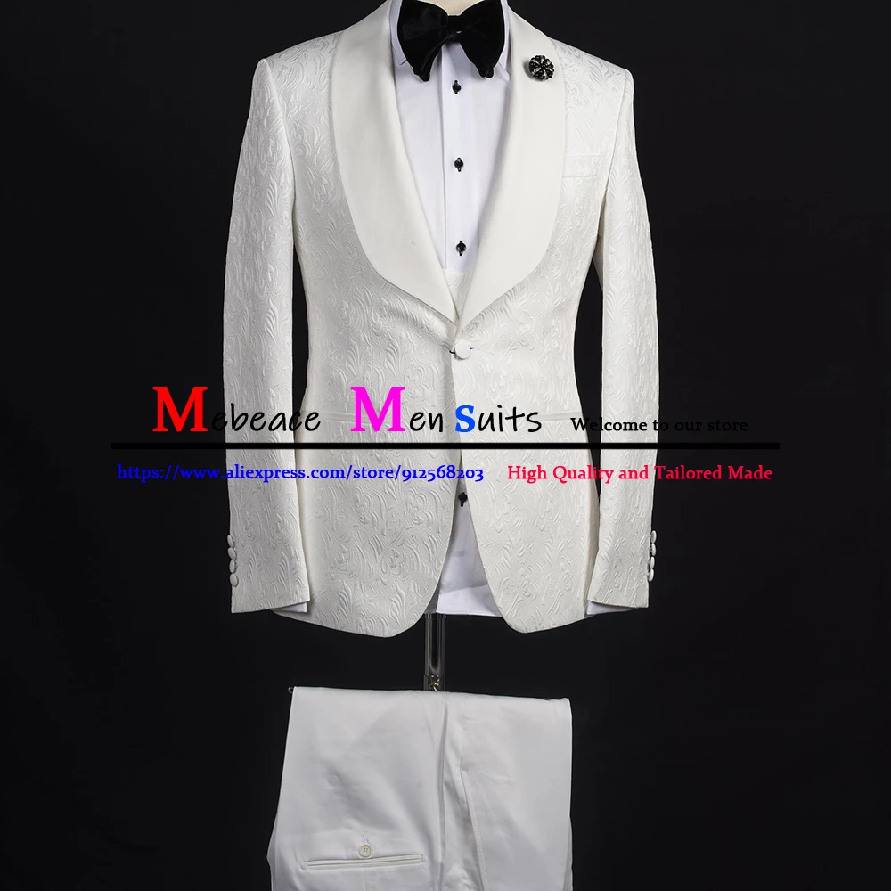 

Latest Men Suits Ivory Jacquard Blazer Sets Formal Mens Wedding Suit Slim Fit Groom Tuxedo 3 Piece Tailor-Made Man Wedding Dress