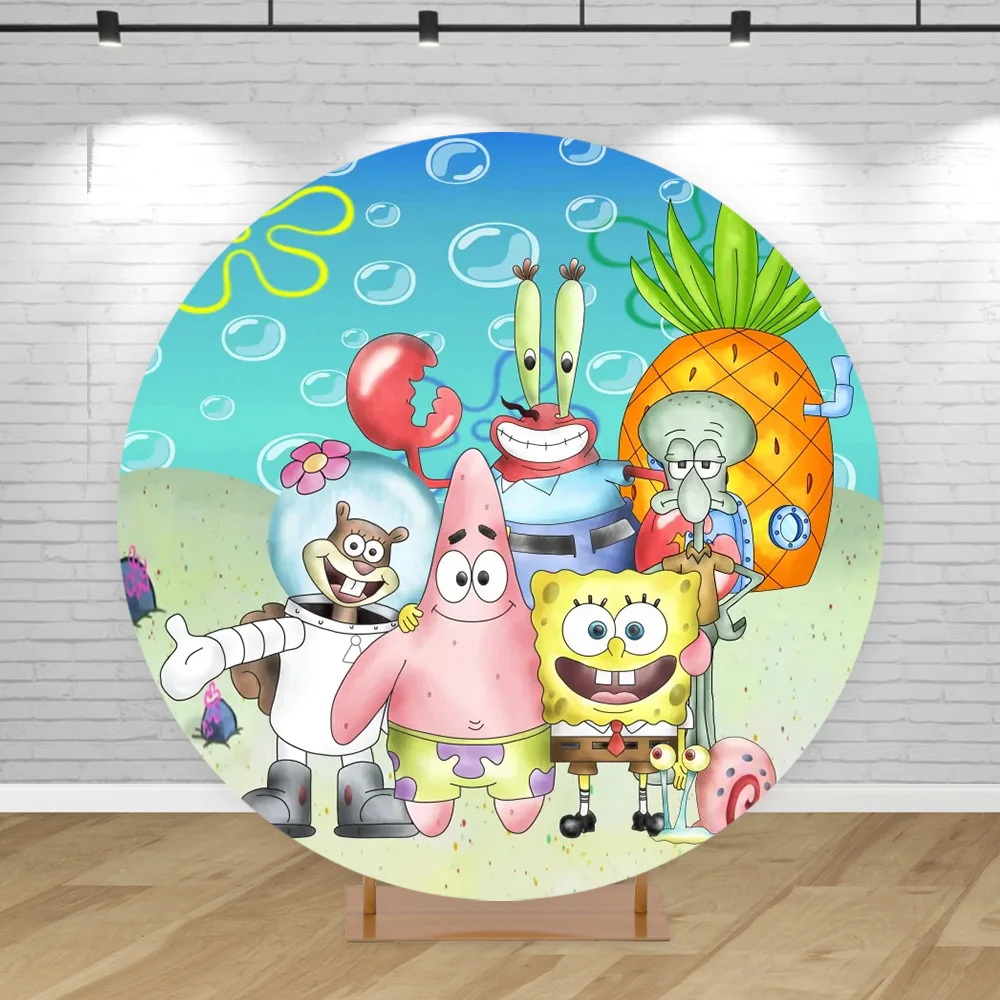 Party Round Backdrop SpongeBob Boy Girl Birthday Background Pineapple House Photo Elastic Cylinder Cover Banner Decor Props