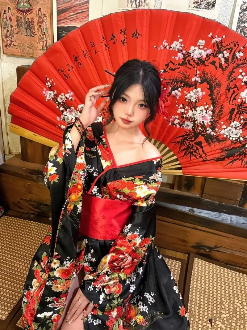 Dark Vintage Kimono Photography Dark Long Skirt Improved Version Wind Kimono Photo Shoot Traditional Japanese Costume Women